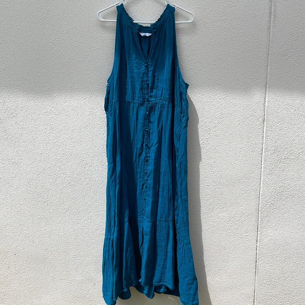 Blue buttoned Strapless maxi dress